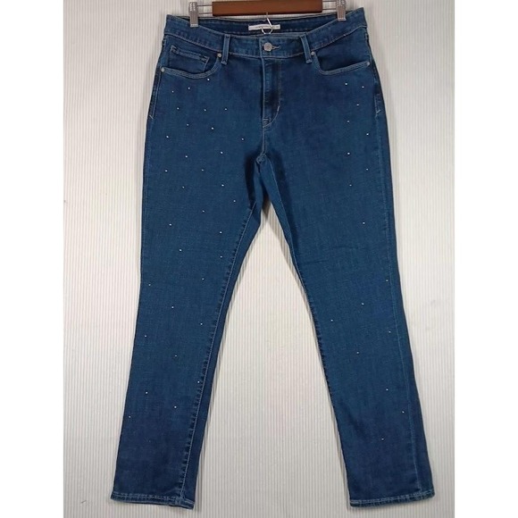 Levis Jeans Womens 16 Blue Mid Rise Skinny Waterless Stretch Studded 33x30 - Picture 1 of 14